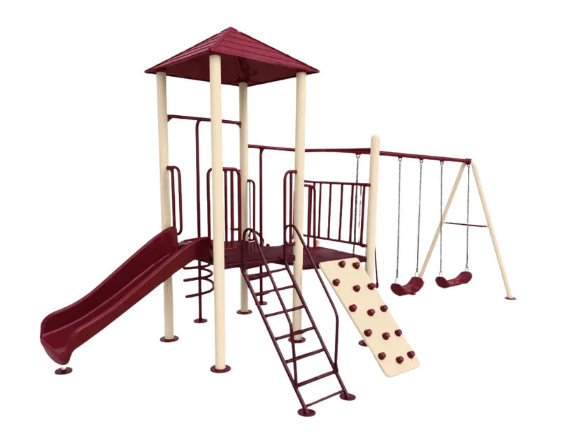 Juego mixto con columpios y muro de escalada